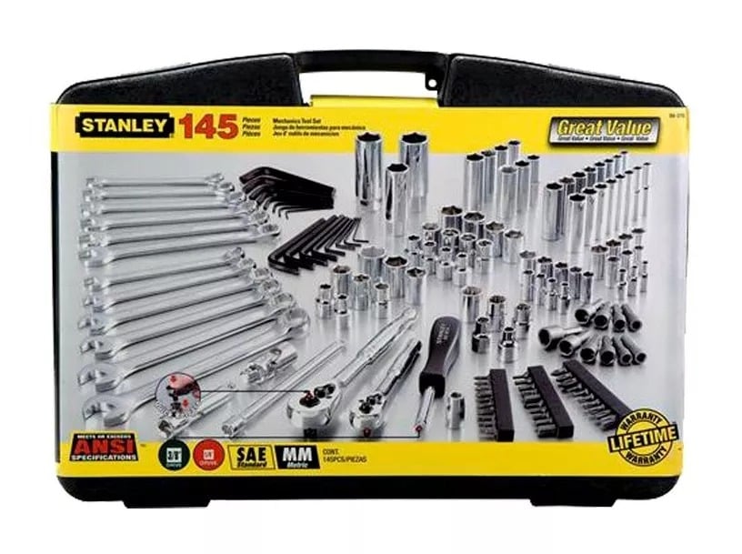 JUEGO DE HERRAMIENTAS STANLEY 1/4 – 3/8 + LLAVES COMBINADAS 145 PZAS